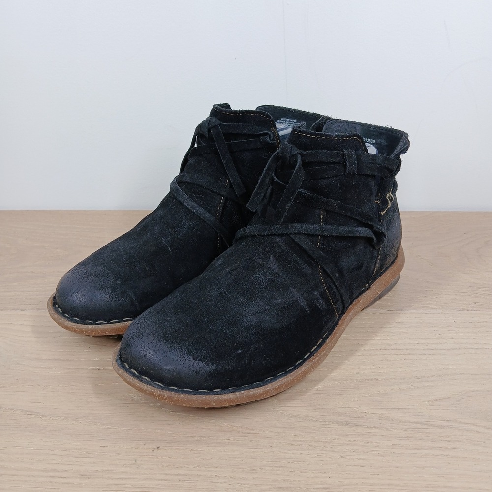 Born Ankle Boots Women's 8 Black Distressed Suede Strappy Wrap Side Zip Comfort